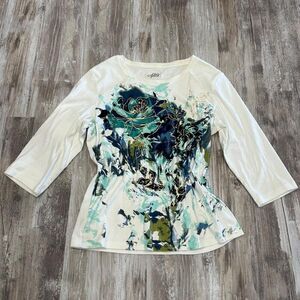 Style & Co. Sport Women's casual chic artistic white + blue floral print 3/4 sle